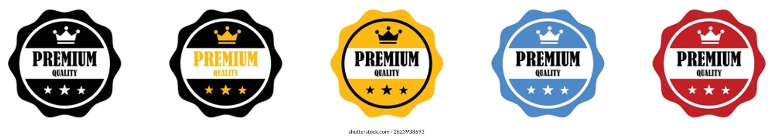 Premium quality labels and stamps on white background. Premium badge label with crown and stars design. Colorful emblem icon set for certified branding. Luxury guarantee stamp with vintage aesthetic