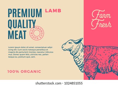 Premium Quality Lamb. Abstract Vector Meat Packaging Design or Label. Modern Typography and Hand Drawn Sheep Silhouette Background Layout.