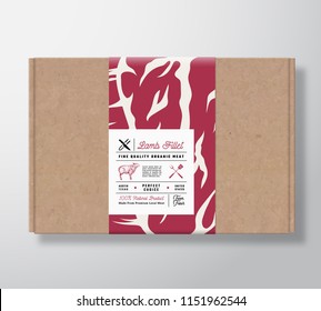 Premium Quality Lamb Fillet Craft Cardboard Box. Abstract Vector Meat Paper Container with Label Cover. Packaging Design. Modern Typography and Hand Drawn Sheep Silhouette Background Layout. Isolated.