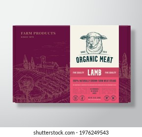 Premium Quality Lamb Mock Up. Organic Vector Meat Packaging Label Design on a Cardboard Box Container. Modern Typography and Hand Drawn Sheep Face and Rural Landscape Sketch Background Layout.