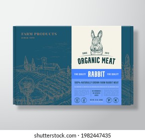 Premium Quality Lamb Mock Up. Organic Vector Meat Packaging Label Design on a Cardboard Box Container. Modern Typography and Hand Drawn Rabbit Face and Rural Landscape Sketch Background Layout.