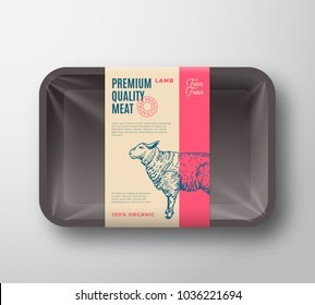 Premium Quality Lamb Pack. Abstract Vector Meat Plastic Tray Container with Cellophane Cover. Packaging Design Label. Modern Typography and Hand Drawn Sheep Silhouette Background Layout. Isolated.