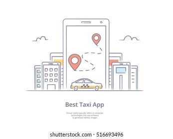 Premium Quality Line Hand Drawn Icon And Concept Set: Mobile app for ordering taxi, Mobile phone with street map and location pointer, Mobile city