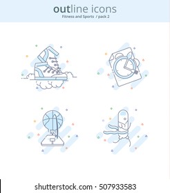 Juego De Conceptos E Icono De Línea De Calidad Premium: Gimnasio, Baloncesto, Dieta, Sneakers, Corriendo. Concepto de logotipo de línea
