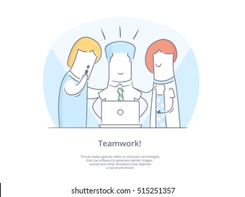 Premium Quality Line Icon And Concept Set: Young group of people working together with laptops