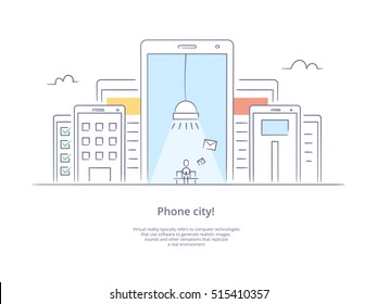 Premium Quality Line Icon And Concept Set: Phone city with a person who writes a message, IT infrastructure, sms and mail chat