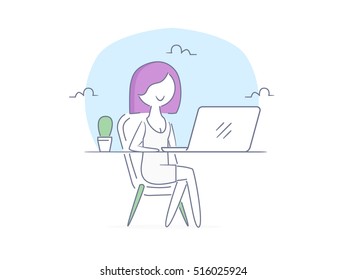 Premium Quality Line Icon And Concept Set: Young beautiful businesswomen work on portable laptop computer, freelancer, girl at workplace