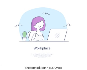 Premium Quality Line Icon And Concept Set: Young beautiful businesswomen work on portable laptop computer, freelancer, girl at workplace