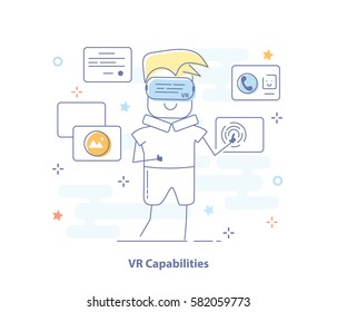 Premium Quality Line Icon And Concept of Virtual Reality. Light isolated VR vector design. Cartoon illustration.