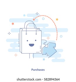 Premium Quality Line Icon und Konzept der Einkäufe. Einkaufstasche mit Käufen. Flache Vektorgrafik.