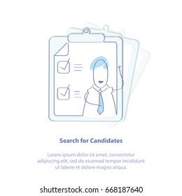 Premium quality line icon concept of curriculum vitae recruitment, search for colleagues, recruitment candidate job position or job offer. Searching cv and profile of employees. Isolated illustration.