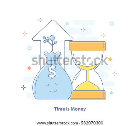 Premium Quality Line Icon And Concept of Compound Interest, Time is Money. Bag of money and hourglass. Flat line vector illustration.