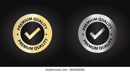 premium quality logo with tick mark, gold & silver, vector illustration