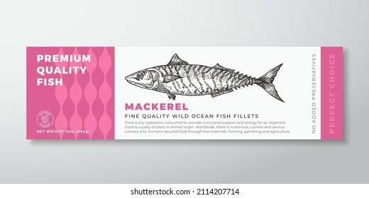Premium Quality Mackerel Vector Packaging Label Design. Modern Typography and Hand Drawn Fish Silhouette Seafood Product Background Layout