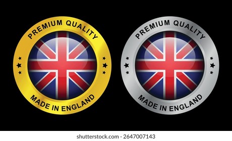 premium quality made in england badges with union jack flag in gold and silver circular design	
