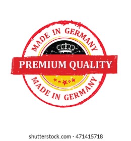 Premium Quality, Made in Germany printable label with German flag colors. CMYK colors used. Grunge layer is applied exactly on the colored stamp. Easy to modify or to apply on any color background