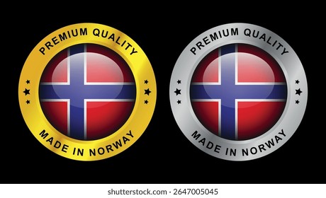 Premium quality made in Norway badge designs with national flag in gold and silver circular labels	