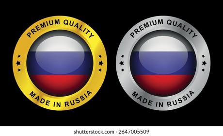 premium quality made in russia badges in gold and silver colors with flag in circular shape	