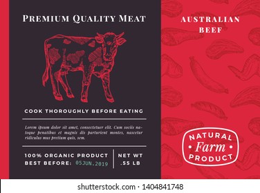 Premium Quality Meat Abstract Vector Beef Packaging Design or Label. Modern Typography and Hand Drawn Cow Sketch Background Layout. Seamless Food Pattern of Steak, Sausage and Wings.