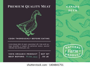 Premium Quality Meat Abstract Vector Poultry Packaging Design or Label. Modern Typography and Hand Drawn Duck Sketch Background Layout. Seamless Food Pattern of Steak, Sausage and Wings.