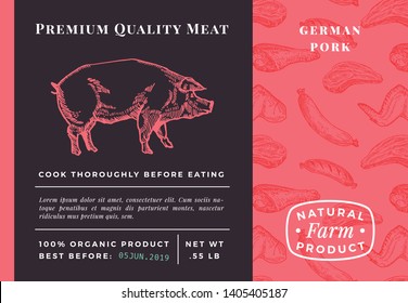 Design ou rótulo de embalagem de carne de porco abstrata de carne de qualidade premium. Tipografia moderna e layout de fundo de esboço de porco desenhado à mão. Padrão de comida sem emenda de bife, salsicha e asas.