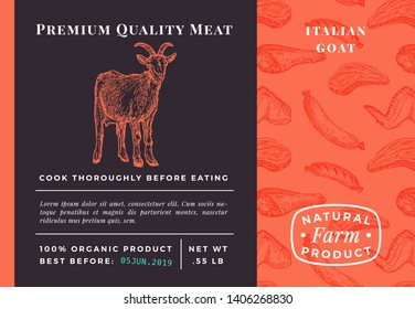 Premium Quality Meat Abstract Vector Packaging Design or Label. Modern Typography and Hand Drawn Goat Sketch Background Layout. Seamless Food Pattern of Steak, Sausage and Wings.