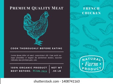 Premium Quality Meat Abstract Vector Poultry Packaging Design or Label. Modern Typography and Hand Drawn Chicken Sketch Background Layout. Food Pattern of Steak, Sausage and Wings.