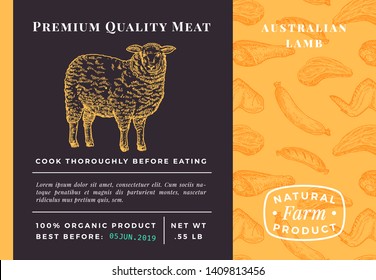 Premium Quality Meat Abstract Vector Lamb Packaging Design or Label. Modern Typography and Hand Drawn Sheep Sketch Background Layout. Food Pattern of Steak, Sausage and Wings.