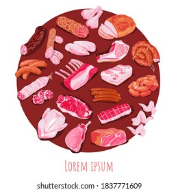 Premium quality meat banner template. Assortment of fresh meat products, sausages, ham. Butchery shop, farm market or processing plant design vector illustration