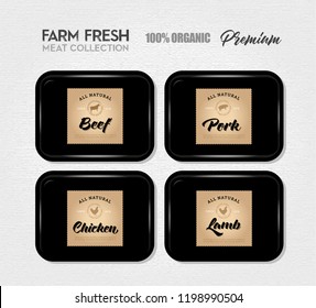 Premium Quality Meat Pack. Abstract Vector Meat Packaging Design and Label. Plastic Tray Container. Isolated.