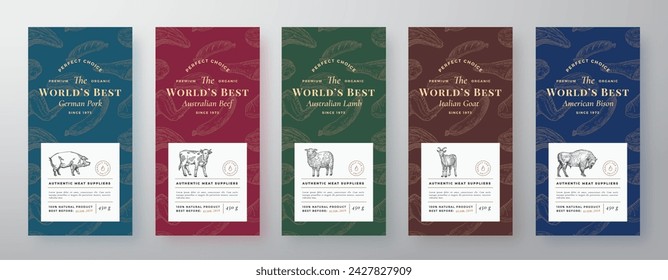 Premium-Qualität Fleisch und Geflügel Etiketten Set. Abstraktes Vektor-Verpackungsdesign für Karten. Moderne Typografie und handgezeichnete Haustiere Silhouette Hintergrund Layouts. Soft Realistic Shadows isoliert