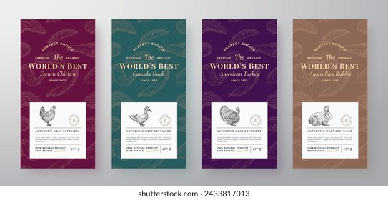 Premium Quality Meat and Poultry Labels Set. Abstract Vector Packaging Design or Cards. Modern Typography and Hand Drawn Domestic Animals Silhouette Background Layouts. Soft Realistic Shadows Isolated