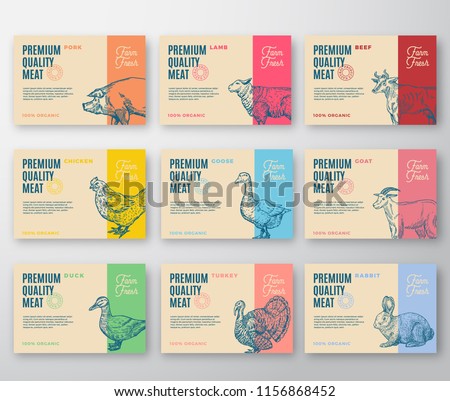 Premium Quality Meat and Poultry Labels Bigger Set. Abstract Vector Labels Packaging Design. Modern Typography and Hand Drawn Animals Silhouette Background Layouts. Isolated.