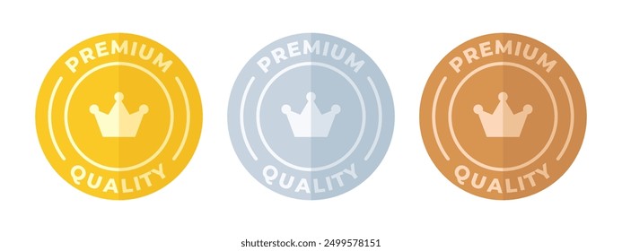 Premium quality medal collection. Gold, silver and bronze premium quality label illustration set. Golden crown with colored background luxury seal. Best product guarantee certificate isolated.