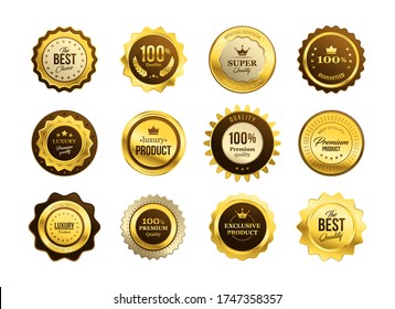 Premium quality medals set. Golden labels, gold badges, best product stamp, guarantee seal circle. Flat vector illustration for award, achievement, best choice concepts