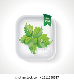 Premium Quality Mint Pack.  Plastic Tray Container with Cellophane Cover. Packaging Design Label. 