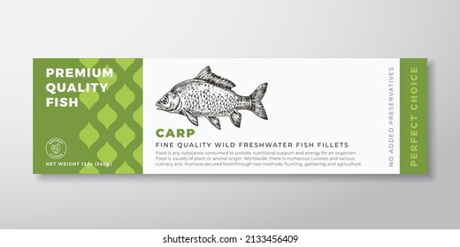 Premium Quality Mirror Carp Vector Packaging Label Design. Modern Typography And Hand Drawn Freshwater Fish Silhouette Seafood Product Background Layout