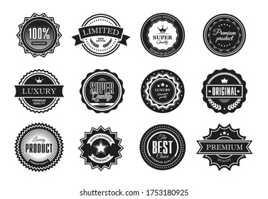 Premium quality monochrome badges. Vintage seals and stamps, logos and emblems. Vector illustration for labels, certificates and warranty design