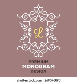 Premium quality monogram design template. Creative line art logo design elements with space for text or letters. Abstract white frame with letter isolated on brown background. Vector illustration