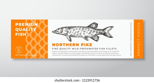 Premium Quality Northern Pike Vector Packaging Label Design. Modern Typography And Hand Drawn Freshwater Fish Silhouette Seafood Product Background Layout