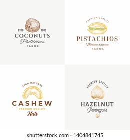 Premium Quality Nuts Abstract Vector Sign, Symbol or Logo Templates Collection. Cashew Nut, Coconut, Pistachio and Hazelnut Sillhouettes with Retro Typography. Vintage Emblems. Isolated.