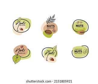 Premium Quality Nuts, Vector Signs or Logo Templates Collection. Hand Drawn Almond, Cashew, Pistachio, Hazelnut and Beans Sketches with Typography. Food Emblems Bundle. Isolated.
