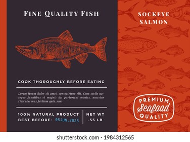 Premium Quality Ocean Sockeye Salmon Abstract Vector Packaging Design or Label. Modern Typography and Hand Drawn Sketch Fish Pattern Background Seafood Layout.