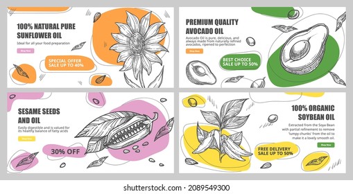 Premium quality oil, web page vector illustration. Flat hand drawn organic seed ingredient for production. Landing banner collection with sunflower, avocado product, sesame and soybean