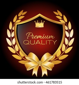 premium quality on shield. shiny golden ribbon, laurel wreath