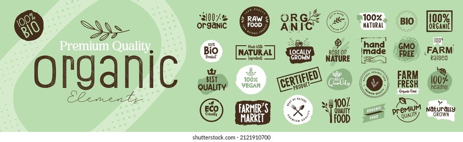 Premium quality organic elements for food market, ecommerce, organic products promotion, restaurant, healthy life. Vector illustration concepts for web design, packaging design, marketing.