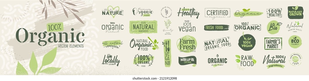 Premium quality organic elements for food market, ecommerce, organic products promotion, restaurant, healthy life. Vector illustration concepts for web design, packaging design, marketing.