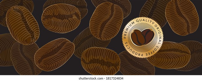 Premium quality original coffee products, golden sticker, label isolated at roasted aromatic outline luxury coffee beans background, top view close up, scented grain silhouettes texture. Vector banner