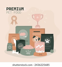 Comida para mascotas de calidad superior, póster o plantilla de banner de marketing. Alimentos para gatos, perros y otros animales. Tienda de mascotas, kit de alimentos en la tienda. Empaquetado de la nutrición para las mascotas domésticas. ilustración vectorial plana