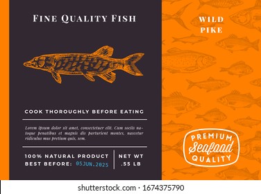 Premium Quality Pike Abstract Vector Packaging Design or Label. Modern Typography and Hand Drawn Sketch Fish Pattern Background Seafood Layout.
